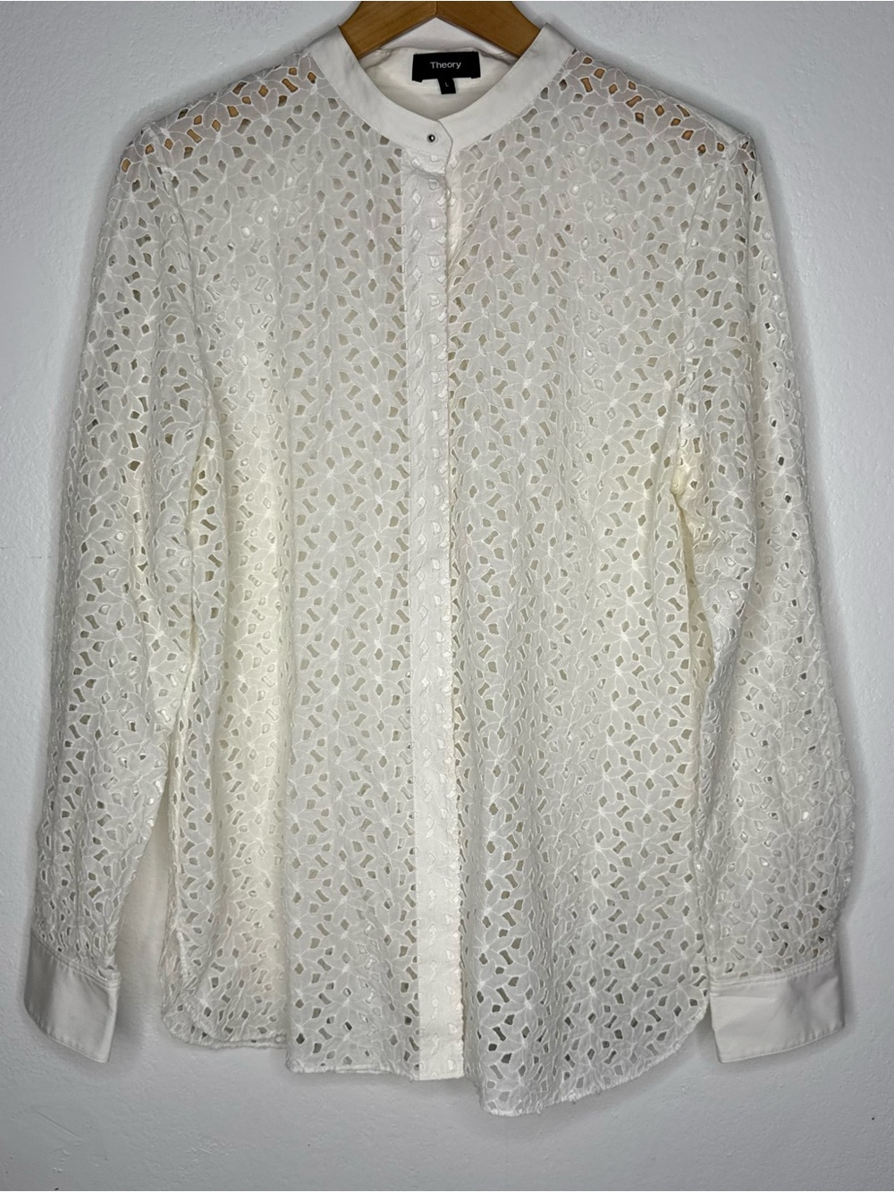 Theory Daisy Eyelet Cotton-Silk Combo Shirt MSRP $364 Sz L - Picture 2 of 10